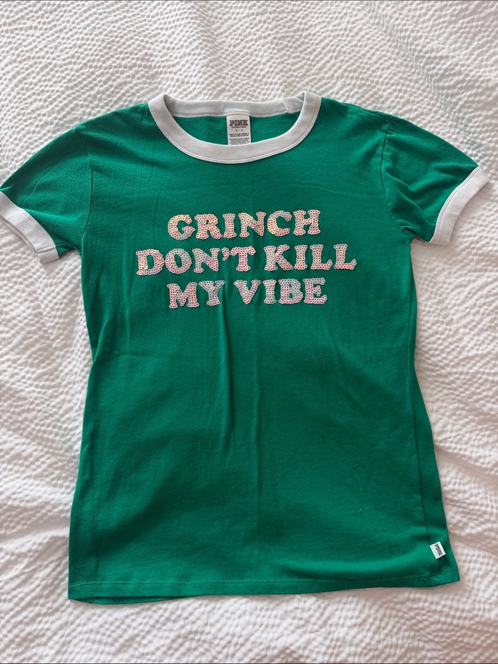 PINK Victoria's Secret Green Ringer Tee with White Trim